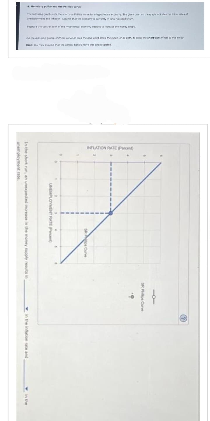 4. Monetary policy and the Phillips curve
the following o
Suppose the central bank of the hypothetical economy decides to increase the money supply.
On the following graph, shift the curve or drag the blue point along the curve, c do both, to show the short-run effects of this policy.
Hint: You may assume that the central bank's move was unanticipated.
unemployment rate.
In the short run, an unexpected increase in the money supply results in
in the inflation rate and
in the
2
UNEMPLOYMENT RATE (Percent)
a hypothetical economy. The given point on the graph indicates the initial rates of
Assume that the economy is currently in long-run equilibrium.
3
6
0
INFLATION RATE (Percent)
SR Pips Curve
.
SR Phillips Curve