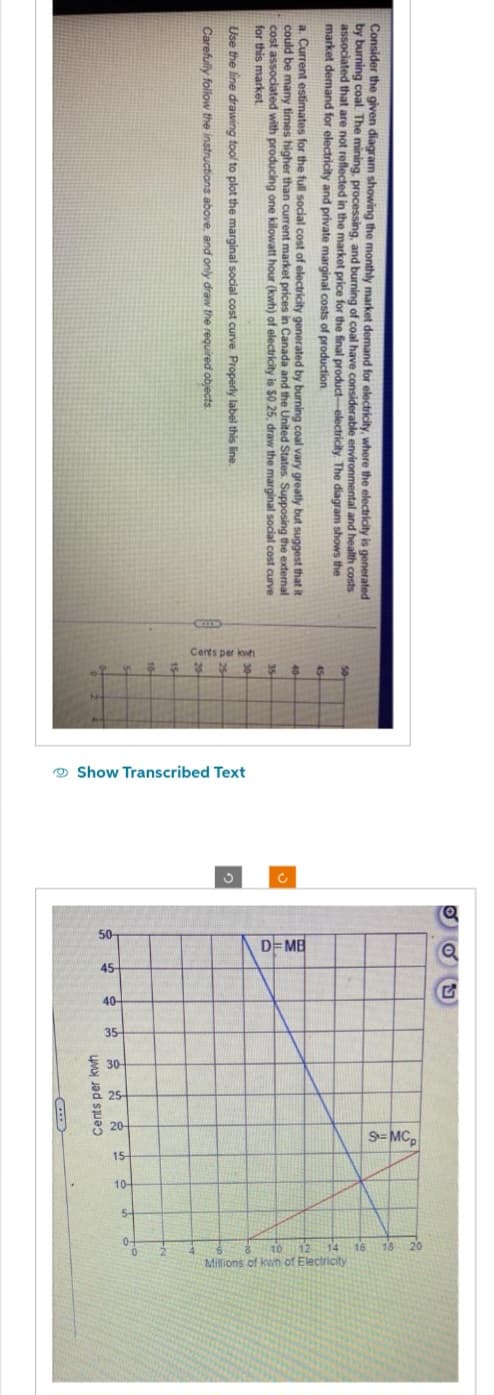 Consider the given diagram showing the monthly market demand for electricity, where the electricity is generated
by burning coal. The mining processing, and burning of coal have considerable environmental and health costs
associated that are not reflected in the market price for the final product-electricity. The diagram shows the
market demand for electricity and private marginal costs of production
a. Current estimates for the full social cost of electricity generated by burning coal vary greatly but suggest that it
could be many times higher than current market prices in Canada and the United States. Supposing the external
cost associated with producing one kilowatt hour (kwh) of electricity is $0.25, draw the marginal social cost curve
for this market
Use the line drawing tool to plot the marginal social cost curve. Properly label this line.
Carefully follow the instructions above, and only draw the required objects.
Cents per kw
45
40
Show Transcribed Text
C
2
D=MB
50-
20
45-
.ch
S
Ok
e ad
S-MC
g 5
5-
in
66
F
B
S
