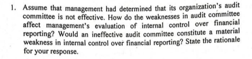 1. Assume that management had determined that its organization's audit
committee is not effective. How do the weaknesses in audit committee
affect management's evaluation of internal control over financial
reporting? Would an ineffective audit committee constitute a material
weakness in internal control over financial reporting? State the rationale
for your response.
