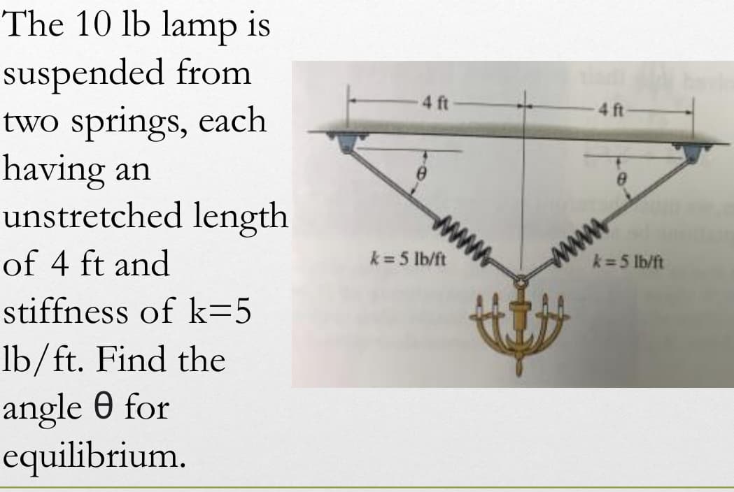 The 10 lb lamp is
suspended from
two springs, each
having an
unstretched length
of 4 ft and
stiffness of k=5
lb/ft. Find the
angle 0 for
equilibrium.
4 ft
k=5 lb/ft
-4 ft-
wwwww
HIN
k=5 lb/ft
