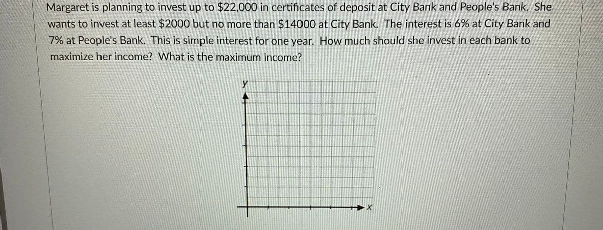 Margaret is planning to invest up to $22,000 in certificates of deposit at City Bank and People's Bank. She
wants to invest at least $2000 but no more than $14000 at City Bank. The interest is 6% at City Bank and
7% at People's Bank. This is simple interest for one year. How much should she invest in each bank to
maximize her income? What is the maximum income?
y