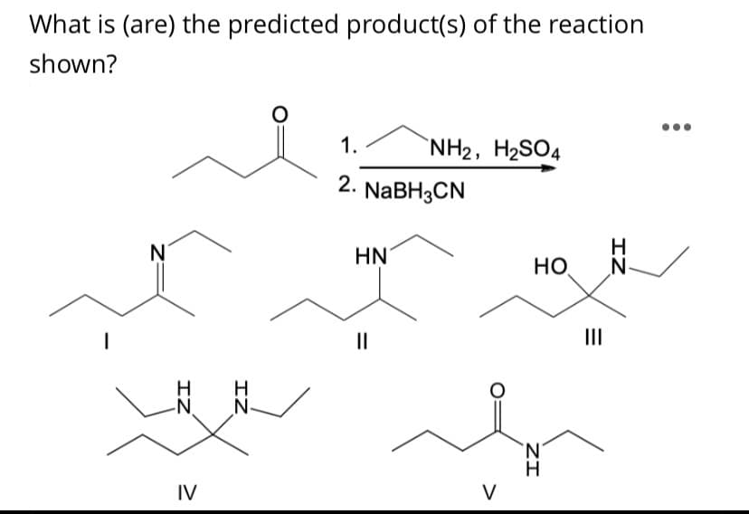 What is (are) the predicted product(s) of the reaction
shown?
1.
`NH2, H2SO4
2.
NABH3CN
N°
HN
но
N-
II
IV
V
IZ
ZI
IZ
IZ
