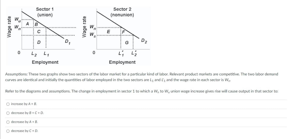 Sector 1
Sector 2
(union)
(nonunion)
A iB
E
W.
D2
D
G
L2 L1
Employment
Employment
Assumptions: These two graphs show two sectors of the labor market for a particular kind of labor. Relevant product markets are competitive. The two labor demand
curves are identical and initially the quantities of labor employed in the two sectors are L1 and L', and the wage rate in each sector is Wp.
Refer to the diagrams and assumptions. The change in employment in sector 1 to which a W, to Wy union wage increase gives rise will cause output in that sector to:
O increase by A + B.
O decrease by B +C + D.
O decrease by A + B.
O decrease by C+ D.
