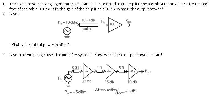 1. The signal powerleaving a generatoris 3 dBm. It is connectedto an amplifier by a cable 4 ft. long. The attenuation/
foot of the cable is 0.2 dB/ft. the gain of the amplifieris 30 dB. What is the output power?
2. Given:
IL = 1dB
Pin = 10dBm
Pix.
Pout
100
cable
What is the output power in dBm?
3. Giventhemultistage cascaded amplifier system below. What is the output powerin dBm?
0.3 ft
1ft
5 ft
>A A> A
Pout
Pin
20 dB
15 dB
10 dB
Attenuation
/foot
Pin =- 5dBm
=1dB

