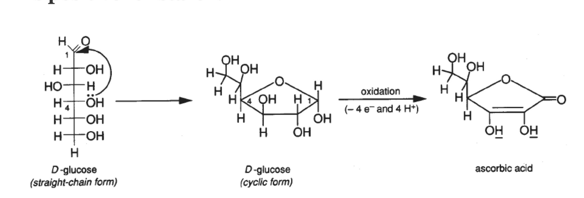 OH
HQ.
1
H-
HỌ,
Но-
oxidation
Ha
H
4
(- 4 e- and 4 H*)
H-
FHO-
H-
FHO-
OH
ÓH ÓH
H
ascorbic acid
D-glucose
(straight-chain form)
D-glucose
(cyclic form)
