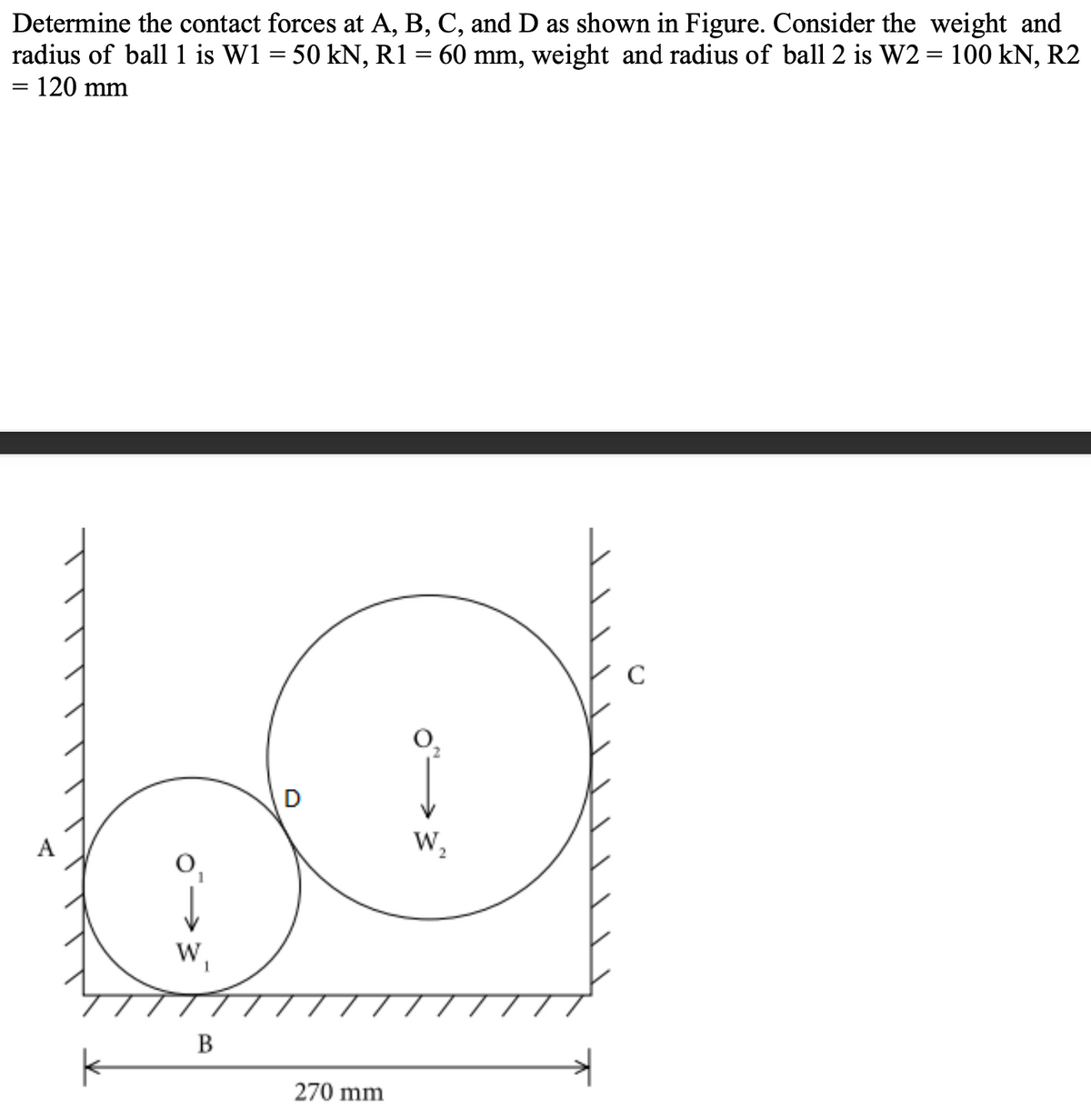 Determine the contact forces at A, B, C, and D as shown in Figure. Consider the weight and
radius of ball 1 is W1 = 50 kN, R1 = 60 mm, weight and radius of ball 2 is W2 = 100 kN, R2
= 120 mm
A
W₁
B
D
270 mm
W₂
C