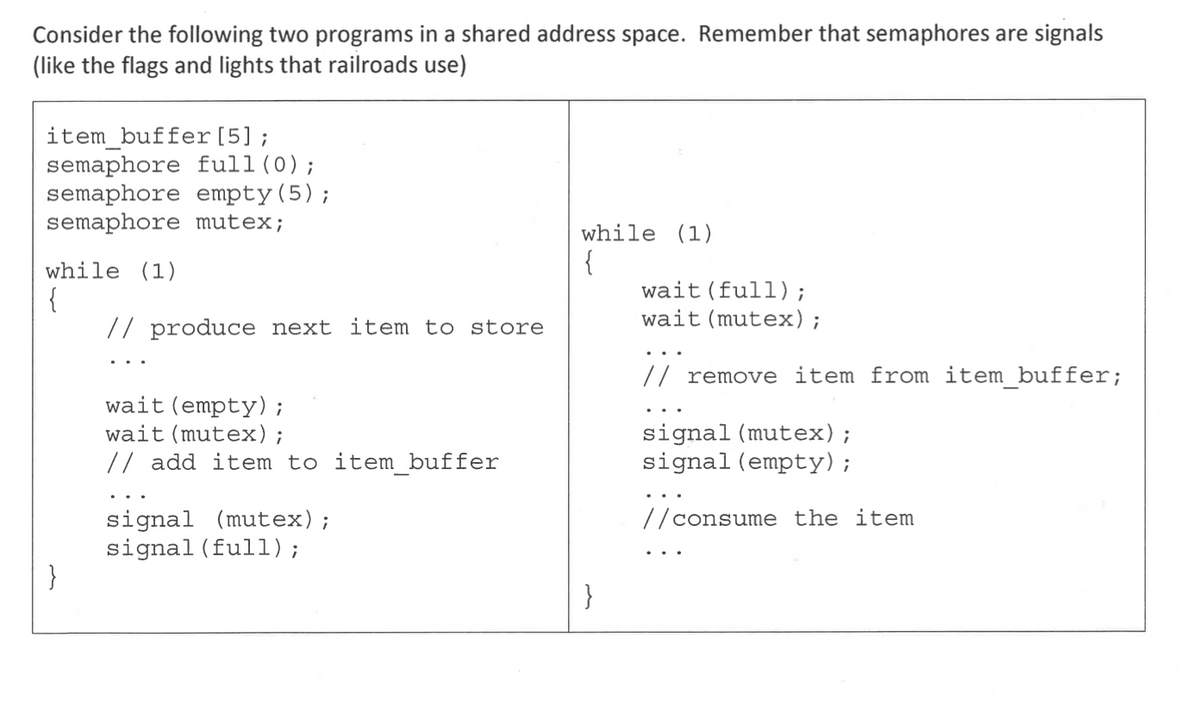 Consider the following two programs in a shared address space. Remember that semaphores are signals
(like the flags and lights that railroads use)
item_buffer [5];
semaphore full (0);
semaphore empty (5);
semaphore mutex;
while (1)
}
}
// produce next item to store
wait (empty);
wait (mutex);
// add item to item_buffer
signal (mutex);
signal (full);
while (1)
wait (full);
wait (mutex);
ii
remove item from item_buffer;
signal (mutex);
signal (empty);
11 consume the item
}