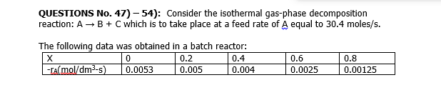 QUESTIONS No. 47) – 54): Consider the isothermal gas-phase decomposition
reaction: A → B + C which is to take place at a feed rate of A equal to 30.4 moles/s.
-
The following data was obtained in a batch reactor:
X
0.2
0.4
0.6
0.8
-TA(mol/dm3-s)
0.0053
0.005
0.004
0.0025
0.00125
