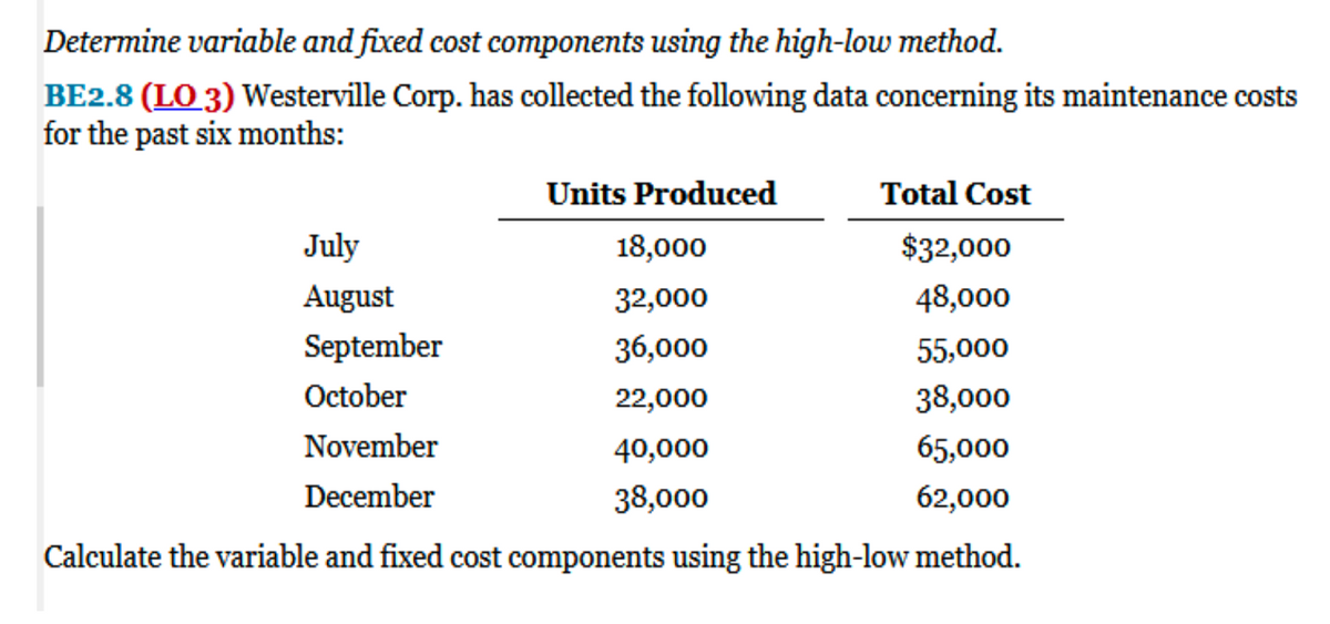 Determine variable and fixed cost components using the high-low method.
BE2.8 (LO 3) Westerville Corp. has collected the following data concerning its maintenance costs
for the past six months:
Units Produced
Total Cost
July
18,000
$32,000
August
32,000
48,000
September
36,000
55,000
October
22,000
38,000
November
40,000
65,000
December
38,000
62,000
Calculate the variable and fixed cost components using the high-low method.
