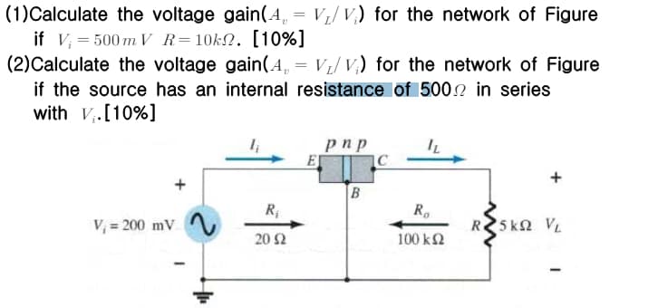 (1) Calculate the voltage gain (4₁ = V₁/V) for the network of Figure
if V 500mV R=10kn. [10%]
(2) Calculate the voltage gain (A₁ = V₁/V) for the network of Figure
if the source has an internal resistance of 500 in series
with V. [10%]
R₁
V₁ = 200 mV
20 Ω
pnp
EL
B
Ro
R25KQ VL
100 ΚΩ
-