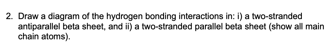 2. Draw a diagram of the hydrogen bonding interactions in: i) a two-stranded
antiparallel beta sheet, and ii) a two-stranded parallel beta sheet (show all main
chain atoms).