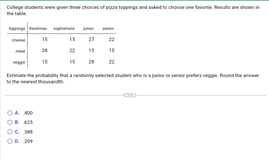 College students were given three choices of pizza toppings and asked to choose one favorite. Results are shown in
the table.
toppings freshman sophomore junior senior
cheese
27
15
meat
veggie
OA. 400
B. 625
15
OC. 388
OD. 209
28
15
15
22
15
28
22
15
Estimate the probability that a randomly selected student who is a junior or senior prefers veggie. Round the answer
to the nearest thousandth.
22