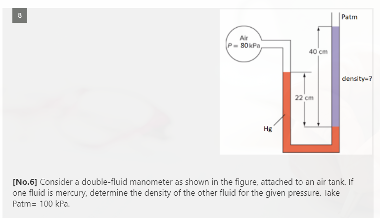 8
Patm
Air
P= 80 kPa,
40 cm
density=?
22 cm
Hg
[No.6] Consider a double-fluid manometer as shown in the figure, attached to an air tank. If
one fluid is mercury, determine the density of the other fluid for the given pressure. Take
Patm= 100 kPa.
