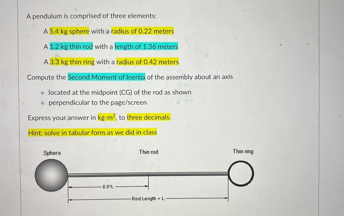 A pendulum is comprised of three elements:
A 5.4 kg sphere with a radius of 0.22 meters
A 1.2 kg thin rod with a length of 1.36 meters
A 3.3 kg thin ring with a radius of 0.42 meters
Compute the Second Moment of Inertia of the assembly about an axis
。 located at the midpoint (CG) of the rod as shown
。 perpendicular to the page/screen
Express your answer in kg-m², to three decimals.
Hint: solve in tabular form as we did in class
Sphere
Thin ring
Thin rod
0.5*L
-Rod Length L.