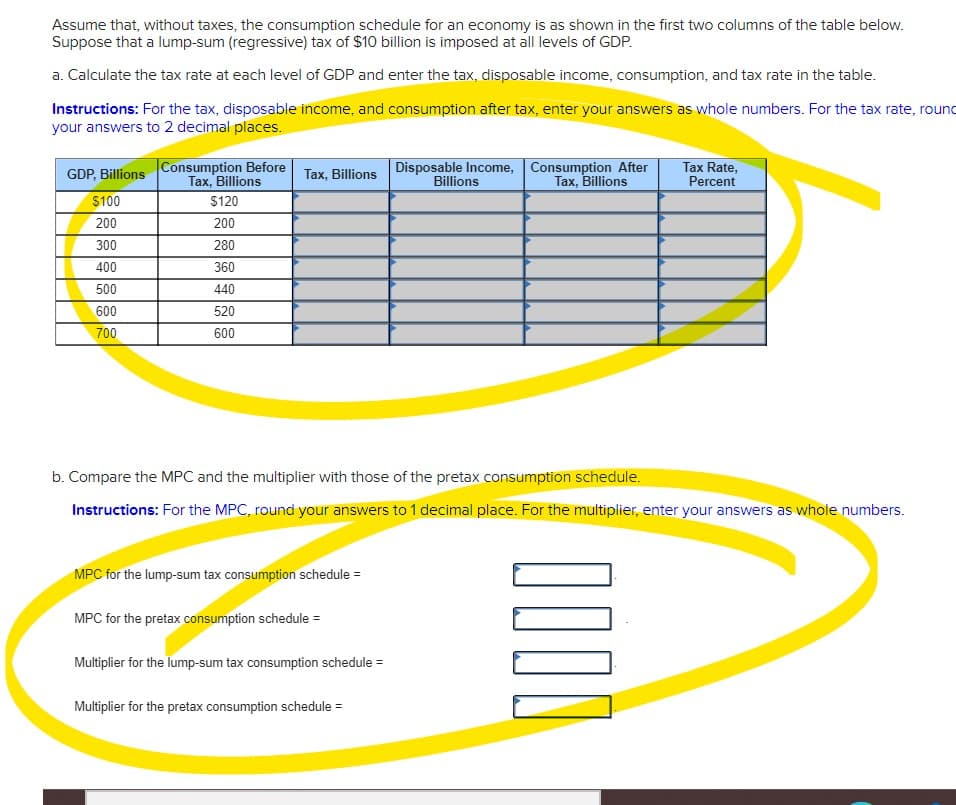 Assume that, without taxes, the consumption schedule for an economy is as shown in the first two columns of the table below.
Suppose that a lump-sum (regressive) tax of $10 billion is imposed at all levels of GDP.
a. Calculate the tax rate at each level of GDP and enter the tax, disposable income, consumption, and tax rate in the table.
Instructions: For the tax, disposable income, and consumption after tax, enter your answers as whole numbers. For the tax rate, round
your answers to 2 decimal places.
Disposable Income, Consumption After
Billions
Tax Rate,
Consumption Before
Tax, Billions
GDP, Billions
Tax, Billions
Tax, Billions
Percent
$100
$120
200
200
300
280
400
360
500
440
600
520
700
600
b. Compare the MPC and the multiplier with those of the pretax consumption schedule.
Instructions: For the MPC, round your answers to 1 decimal place. For the multiplier, enter your answers as whole numbers.
MPC for the lump-sum tax consumption schedule =
MPC for the pretax consumption schedule =
Multiplier for the lump-sum tax consumption schedule =
Multiplier for the pretax consumption schedule =
