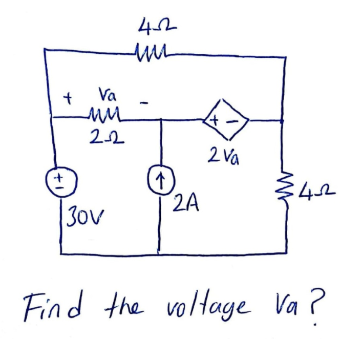 Va
22
2 Va
2A
ミ42
30v
Find the
voltage Va ?
ナ
