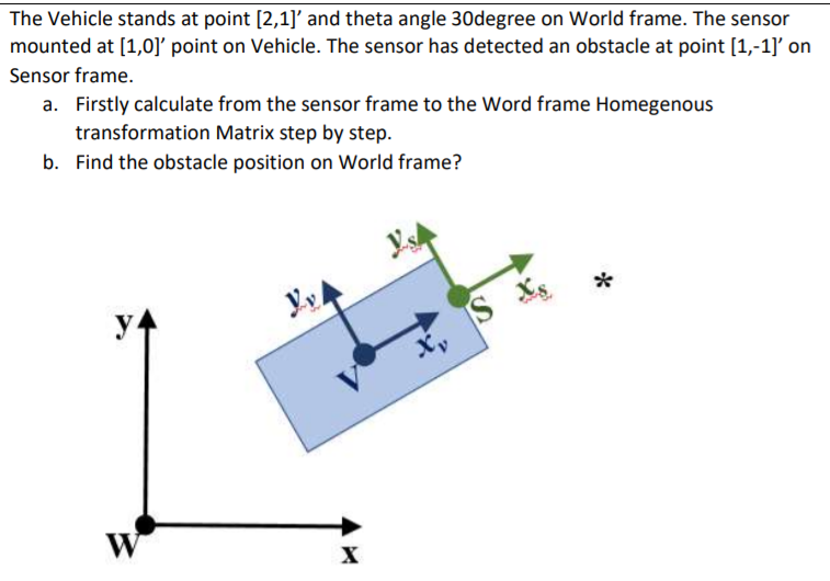 The Vehicle stands at point [2,1]' and theta angle 30degree on World frame. The sensor
mounted at [1,0]' point on Vehicle. The sensor has detected an obstacle at point [1,-1]' on
Sensor frame.
a. Firstly calculate from the sensor frame to the Word frame Homegenous
transformation Matrix step by step.
b. Find the obstacle position on World frame?
x,
W
*
