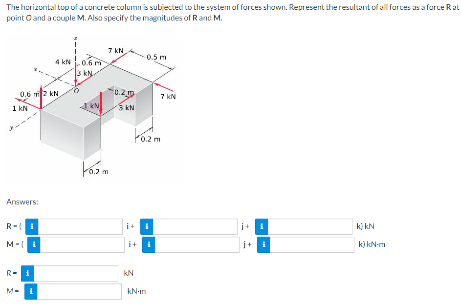 The horizontal top of a concrete column is subjected to the system of forces shown. Represent the resultant of all forces as a force Rat
point O and a couple M. Also specify the magnitudes of R and M.
1 kN
0.6 m 2 KN
Answers:
R = i
M = (i
R= i
M =
4 KN 0.6 m
3 kN
1 KN
7 kN
0.2 m
0.2 m
3 KN
i+
i+
kN
0.5 m
0.2
9
i
kN.m
7 kN
--
+
j+
k) kN
k) kN.m