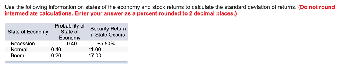 Use the following information on states of the economy and stock returns to calculate the standard deviation of returns. (Do not round
intermediate calculations. Enter your answer as a percent rounded to 2 decimal places.)
Probability of
State of
Security Return
if State Occurs
State of Economy
Economy
0.40
Recession
Normal
-5.50%
11.00
0.40
0.20
Вoom
17.00
