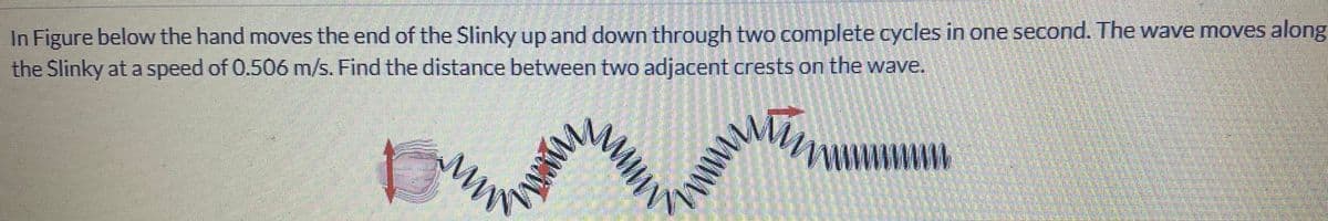 In Figure below the hand moves the end of the Slinky up and down through two complete cycles in one second. The wave moves along
the Slinky at a speed of 0.506 m/s. Find the distance between two adjacent crests on the wave.
My
in
