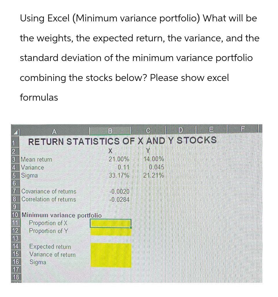 Using Excel (Minimum variance portfolio) What will be
the weights, the expected return, the variance, and the
standard deviation of the minimum variance portfolio
combining the stocks below? Please show excel
formulas
A
B
C
D
E
1 RETURN STATISTICS OF X AND Y STOCKS
2
3 Mean return
X
21.00%
14.00%
4 Variance
5 Sigma
0.11
0.045
33.17%
21.21%
6
7 Covariance of returns
-0.0020
-0.0284
8 Correlation of returns
9
10 Minimum variance portfolio
Proportion of X
11
12
Proportion of Y
13
14
Expected return
15
Variance of return
16
Sigma
17
18
