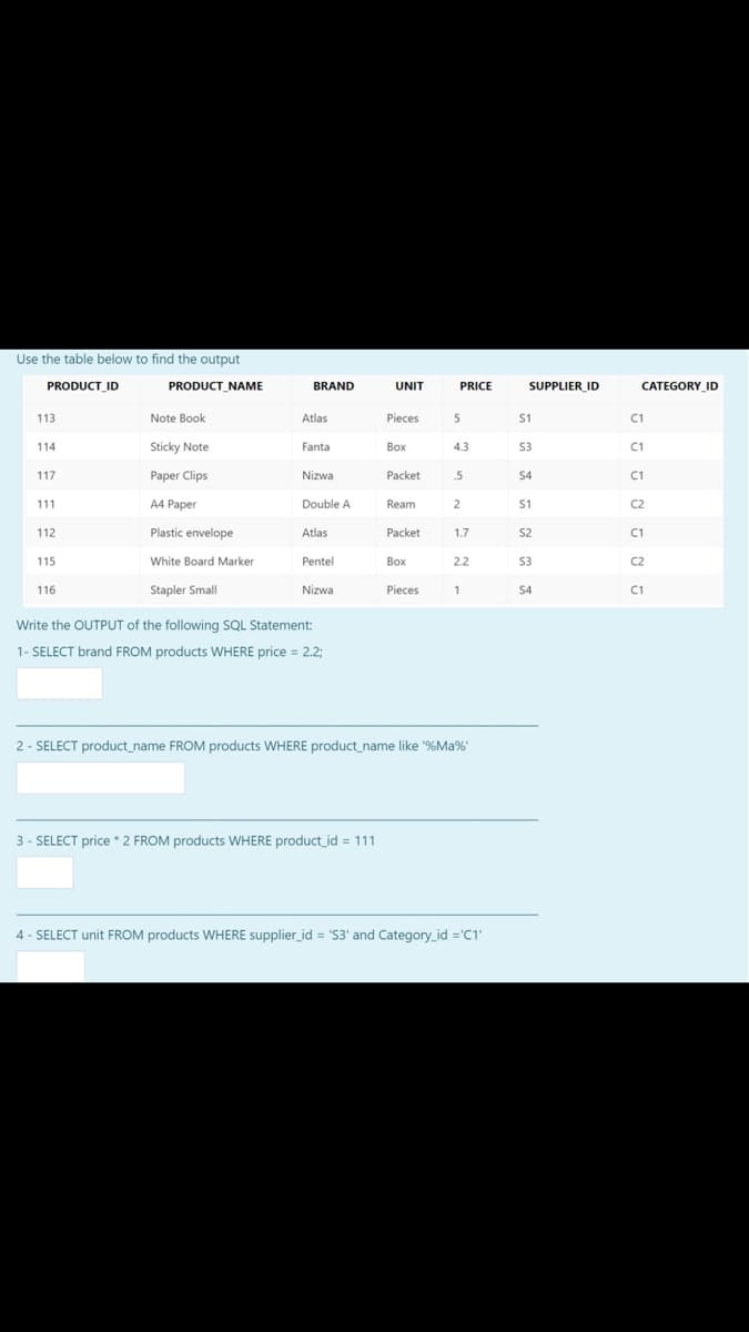 Use the table below to find the output
PRODUCT_ID
PRODUCT_NAME
BRAND
UNIT
PRICE
SUPPLIER_ID
CATEGORY_ID
113
Note Book
Atlas
Pieces
5
S1
C1
114
Sticky Note
Fanta
Воx
4.3
S3
C1
117
Paper Clips
Nizwa
Packet
.5
S4
C1
111
A4 Paper
Double A
Ream
2
S1
C2
112
Plastic envelope
Atlas
Packet
1.7
S2
C1
115
White Board Marker
Pentel
Вох
2.2
S3
C2
116
Stapler Small
Nizwa
Pieces
S4
C1
Write the OUTPUT of the following SQL Statement:
1- SELECT brand FROM products WHERE price = 2.2;
2 - SELECT product_name FROM products WHERE product_name like "%Ma%'
3 - SELECT price * 2 FROM products WHERE product_id = 111
4 - SELECT unit FROM products WHERE supplier_id = 'S3' and Category_id ='C1'
