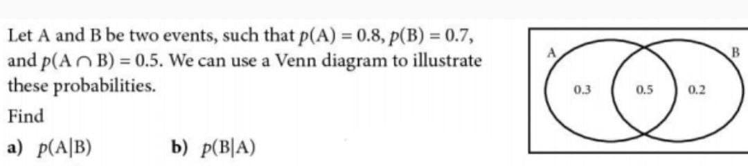 Let A and B be two events, such that p(A) = 0.8, p(B) = 0.7,
and p(AB)=0.5. We can use a Venn diagram to illustrate
these probabilities.
Find
a) P(A|B)
b) p(B|A)
0.3
0.5
0.2