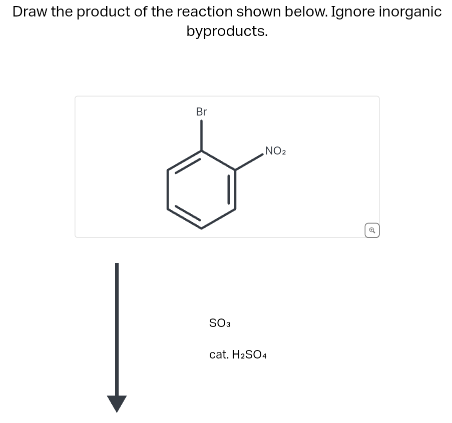 Draw the product of the reaction shown below. Ignore inorganic
byproducts.
Br
SO3
NO₂
cat. H2SO4
