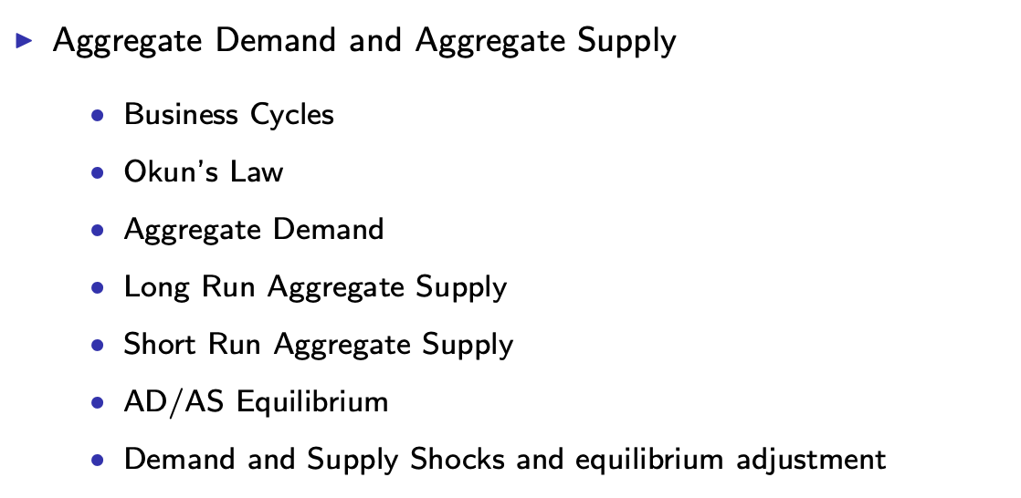 ► Aggregate Demand and Aggregate Supply
• Business Cycles
• Okun's Law
• Aggregate Demand
• Long Run Aggregate Supply
• Short Run Aggregate Supply
• AD/AS Equilibrium
• Demand and Supply Shocks and equilibrium adjustment