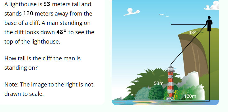 A lighthouse is 53 meters tall and
stands 120 meters away from the
base of a cliff. A man standing on
the cliff looks down 48° to see the
top of the lighthouse.
How tall is the cliff the man is
standing on?
48°
Note: The image to the right is not
drawn to scale.
53m
120m