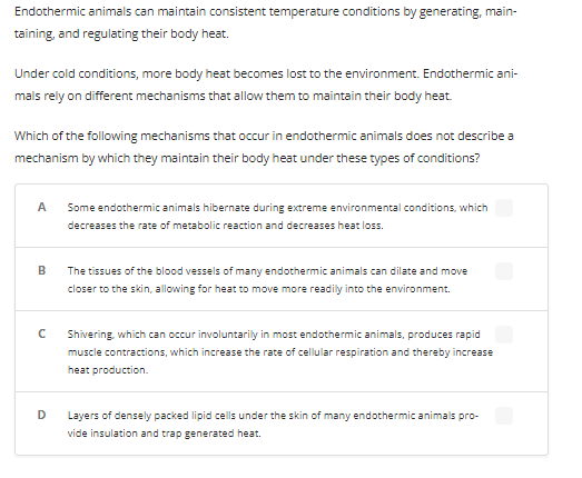 Endothermic animals can maintain consistent temperature conditions by generating, main-
taining, and regulating their body heat.
Under cold conditions, more body heat becomes lost to the environment. Endothermic ani-
mals rely on different mechanisms that allow them to maintain their body heat.
Which of the following mechanisms that occur in endothermic animals does not describe a
mechanism by which they maintain their body heat under these types of conditions?
A
B
с
D
Some endothermic animals hibernate during extreme environmental conditions, which
decreases the rate of metabolic reaction and decreases heat loss.
The tissues of the blood vessels of many endothermic animals can dilate and move
closer to the skin, allowing for heat to move more readily into the environment.
Shivering, which can occur involuntarily in most endothermic animals, produces rapid
muscle contractions, which increase the rate of cellular respiration and thereby increase
heat production.
Layers of densely packed lipid cells under the skin of many endothermic animals pro-
vide insulation and trap generated heat.