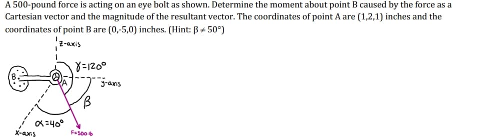 A 500-pound force is acting on an eye bolt as shown. Determine the moment about point B caused by the force as a
Cartesian vector and the magnitude of the resultant vector. The coordinates of point A are (1,2,1) inches and the
coordinates of point B are (0,-5,0) inches. (Hint: ẞ #50°)
Z-axis
X-axis
α=40°
8=120°
y-axis
F=500lb