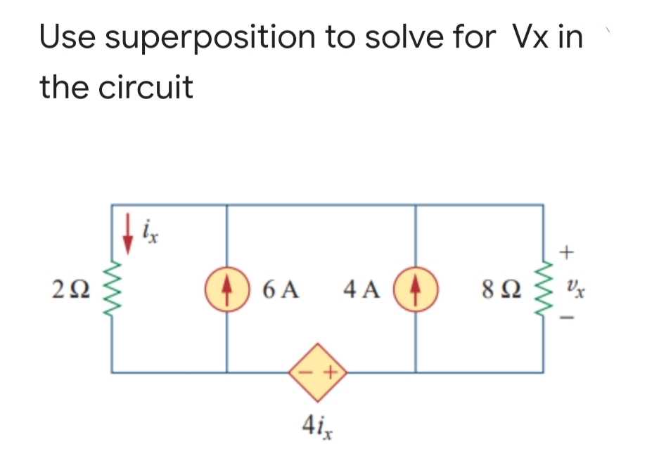 Use superposition to solve for Vx in
the circuit
6 A
4 A
8Ω
4i,
