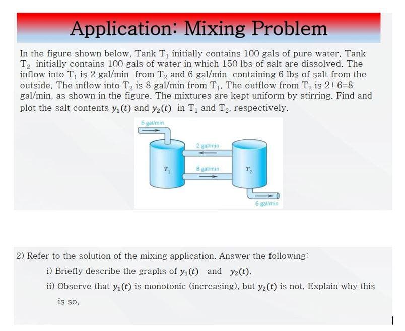 Application: Mixing Problem
In the figure shown below, Tank T₁ initially contains 100 gals of pure water. Tank
T₂ initially contains 100 gals of water in which 150 lbs of salt are dissolved. The
inflow into T₁ is 2 gal/min from T₂ and 6 gal/min containing 6 lbs of salt from the
outside. The inflow into T₂ is 8 gal/min from T₁. The outflow from T₂ is 2+ 6=8
gal/min, as shown in the figure. The mixtures are kept uniform by stirring. Find and
plot the salt contents y₁ (t) and y₂ (t) in T₁ and T₂, respectively.
6 gal/min
T₁
2 gal/min
8 gal/min
6 gal/min
2) Refer to the solution of the mixing application. Answer the following:
i) Briefly describe the graphs of y₁ (t) and y2(t).
ii) Observe that y₁ (t) is monotonic (increasing), but y₂(t) is not. Explain why this
is so.
I