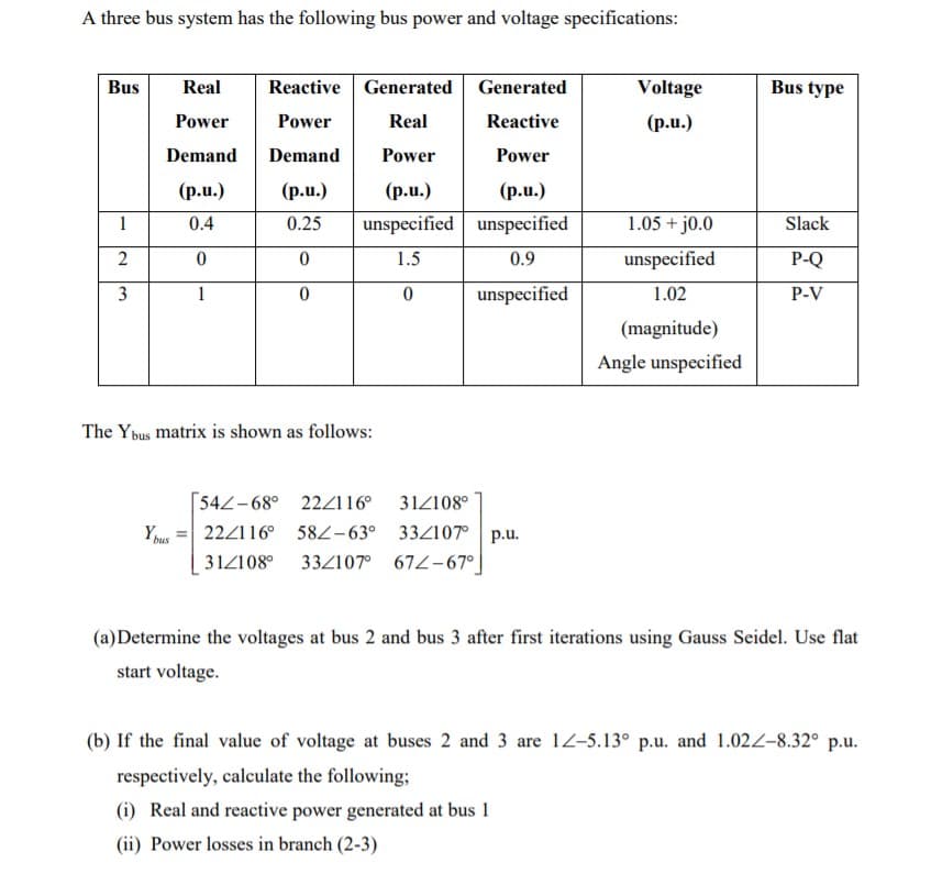 A three bus system has the following bus power and voltage specifications:
Bus
Real
Reactive
Generated Generated
Voltage
Bus type
Power
Power
Real
Reactive
(р.u.)
Demand
Demand
Power
Power
(р.и.)
(р.u.)
(р.и.)
(р.u.)
1
0.4
0.25
unspecified unspecified
1.05 + j0.0
Slack
1.5
0.9
unspecified
P-Q
3
1
unspecified
1.02
P-V
(magnitude)
Angle unspecified
The Ybus matrix is shown as follows:
[542-68° 22Z116°
312108°
222116°
582-63°
33Z107° p.u.
31Z108°
33/107° 672-67° ]
(a)Determine the voltages at bus 2 and bus 3 after first iterations using Gauss Seidel. Use flat
start voltage.
(b) If the final value of voltage at buses 2 and 3 are 12-5.13° p.u. and 1.022-8.32° p.u.
respectively, calculate the following;
(i) Real and reactive power generated at bus 1
(ii) Power losses in branch (2-3)
2.
