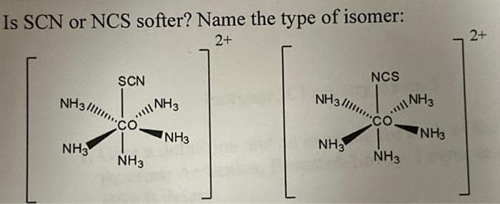 Is SCN or NCS softer? Name the type of isomer:
2+
NH3/11/
NH3
SCN
CO
|| NH3
NH3
NH3
NCS
NH3/NH3
NH3
NH3
NH3
2+
