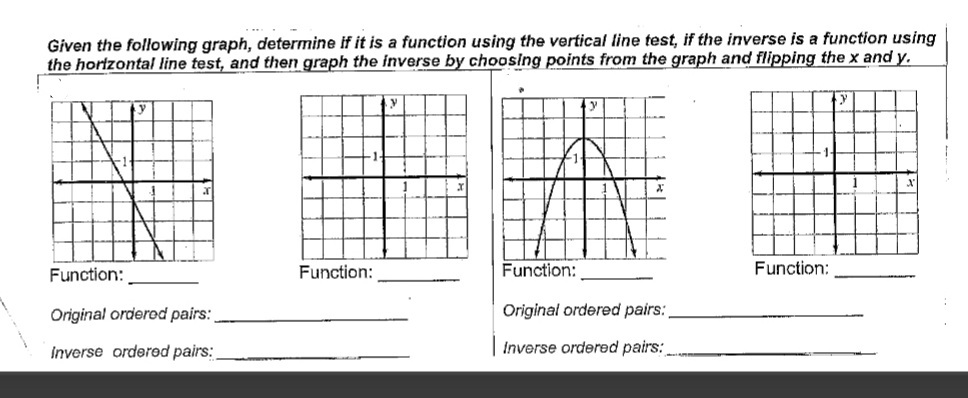 Given the following graph, determine if it is a function using the vertical line test, if the inverse is a function using
the horizontal line test, and then graph the inverse by choosing points from the graph and flipping the x and y.
Function:
Original ordered pairs:
Inverse ordered pairs:
Function:
y
Function:
Original ordered pairs:
Inverse ordered pairs:
Function: