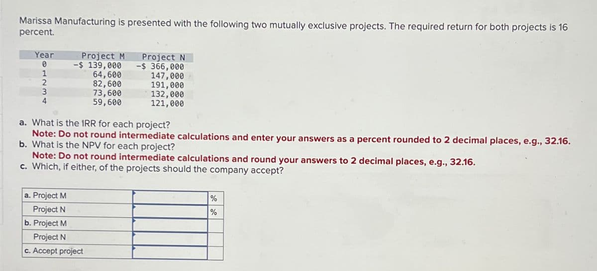 Marissa Manufacturing is presented with the following two mutually exclusive projects. The required return for both projects is 16
percent.
Year
0
Project M
-$ 139,000
Project N
-$ 366,000
1
64,600
147,000
2
82,600
191,000
3
4
73,600
59,600
132,000
121,000
a. What is the IRR for each project?
Note: Do not round intermediate calculations and enter your answers as a percent rounded to 2 decimal places, e.g., 32.16.
b. What is the NPV for each project?
Note: Do not round intermediate calculations and round your answers to 2 decimal places, e.g., 32.16.
c. Which, if either, of the projects should the company accept?
a. Project M
Project N
b. Project M
Project N
c. Accept project
%
%