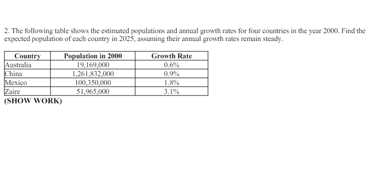 2. The following table shows the estimated populations and annual growth rates for four countries in the year 2000. Find the
expected population of each country in 2025, assuming their annual growth rates remain steady.
Country
Australia
Population in 2000
19,169,000
Growth Rate
0.6%
China
1,261,832,000
0.9%
Mexico
100,350,000
1.8%
Zaire
51,965,000
3.1%
(SHOW WORK)