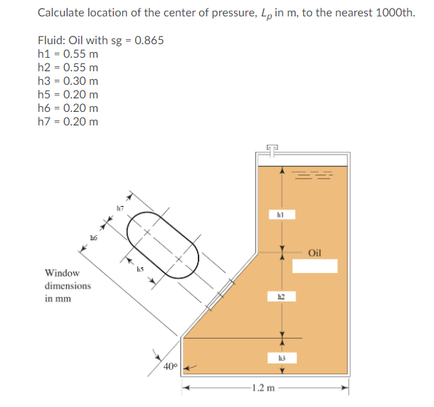 Calculate location of the center of pressure, L, in m, to the nearest 1000th.
Fluid: Oil with sg = 0.865
h1 = 0.55 m
h2 = 0.55 m
h3 = 0.30 m
h5 = 0.20 m
h6 = 0.20 m
h7 = 0.20 m
Oil
Window
dimensions
in mm
h2
h3
400
1.2 m
1.
