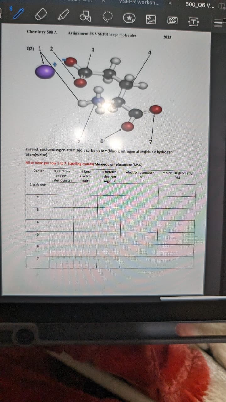 Chemistry 500 A
Q2) 1 2
1 pick one.
2
3
4
All or none per row 1 to 7: (spelling counts) Monosodium glutamate (MSG)
Center
#electron
regions
(steric units)
5
6
3
S
Legend: sodiumoxygen atom(red); carbon atom(black); nitrogen atom(blue); hydrogen
atom(white).
7
Assignment #6 VSEPR large molecules:
SEPR worksh...
6
#lone
electron
pairs
★,
#bonded
electron
regions
4
electron geometry
EG
TE
X
# T
2023
500 Q6 V...
molecular geometry
MGH
THE THUN
Watch
BUTTE
var 100 M
H
156 16 04105
wear ch Herale della
COME