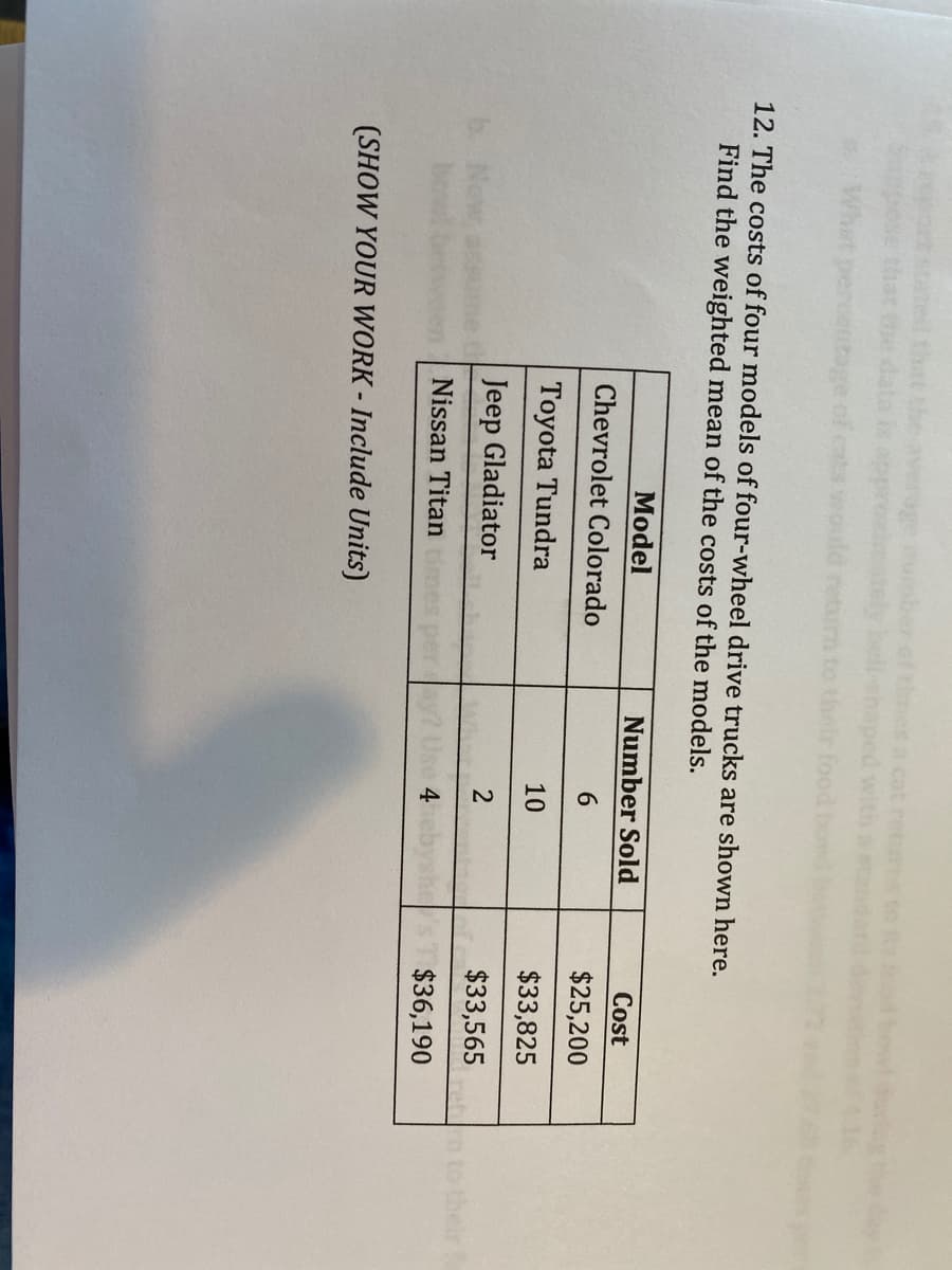 times a cat re
haped
m to their food
12. The costs of four models of four-wheel drive trucks are shown here.
Find the weighted mean of the costs of the models.
Model
Number Sold
Cost
Chevrolet Colorado
6.
$25,200
Toyota Tundra
10
$33,825
Jeep Gladiator
$33,565
ret
New
to their
Nissan Titan
4
$36,190
(SHOW YOUR WORK - Include Units)
