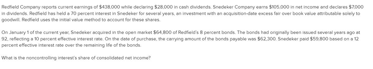 Redfield Company reports current earnings of $438,000 while declaring $28,000 in cash dividends. Snedeker Company earns $105,000 in net income and declares $7,000
in dividends. Redfield has held a 70 percent interest in Snedeker for several years, an investment with an acquisition-date excess fair over book value attributable solely to
goodwill. Redfield uses the initial value method to account for these shares.
On January 1 of the current year, Snedeker acquired in the open market $64,800 of Redfield's 8 percent bonds. The bonds had originally been issued several years ago at
92, reflecting a 10 percent effective interest rate. On the date of purchase, the carrying amount of the bonds payable was $62,300. Snedeker paid $59,800 based on a 12
percent effective interest rate over the remaining life of the bonds.
What is the noncontrolling interest's share of consolidated net income?