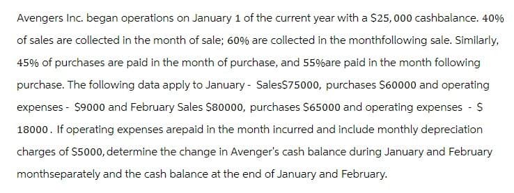 Avengers Inc. began operations on January 1 of the current year with a $25,000 cashbalance. 40%
of sales are collected in the month of sale; 60% are collected in the monthfollowing sale. Similarly,
45% of purchases are paid in the month of purchase, and 55% are paid in the month following
purchase. The following data apply to January - Sales$75000, purchases $60000 and operating
expenses - $9000 and February Sales $80000, purchases $65000 and operating expenses - $
18000. If operating expenses arepaid in the month incurred and include monthly depreciation
charges of $5000, determine the change in Avenger's cash balance during January and February
monthseparately and the cash balance at the end of January and February.