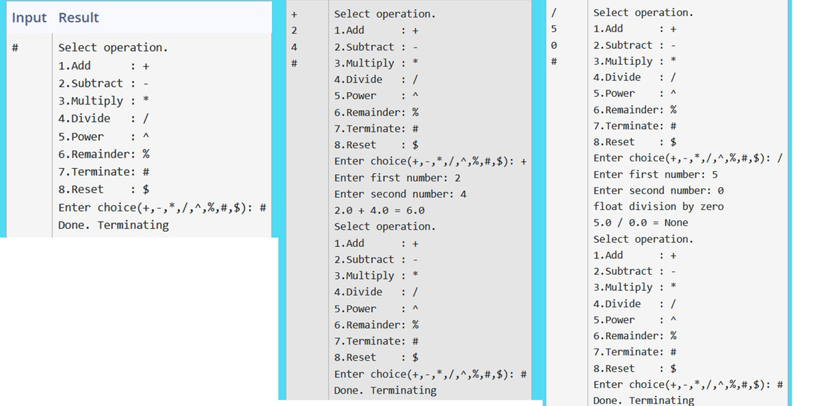 Input Result
#
Select operation.
1. Add
: +
2. Subtract
-
3. Multiply :
4. Divide :/
*
5. Power
: ^
6. Remainder: %
7. Terminate: #
: $
8. Reset
Enter choice(+,-, *,/,^,%, #,$): #
Done. Terminating
+ ~ #
2
4
#
Select operation.
1. Add
: +
2. Subtract :
3. Multiply :
4. Divide
5. Power
: ^
6. Remainder: %
7. Terminate: #
8. Reset
: $
*
Enter choice(+,-,*,/,^,%, #,$): +
Enter first number: 2
Enter second number: 4
2.0 + 4.0 = 6.0
Select operation.
1. Add
: +
2. Subtract :
3. Multiply :
4. Divide
*
: /
: ^
5. Power
6. Remainder: %
7. Terminate: #
8. Reset : $
Enter choice(+,-, *,/,^,%, #,$): #
Done. Terminating
1
5
0
#
Select operation.
1.Add
: +
2. Subtract :
3. Multiply :
4. Divide
*
:/
: ^
5. Power
6. Remainder: %
7. Terminate: #
8. Reset
: $
Enter choice(+,-,*,/,^,%,#,$): /
Enter first number: 5
Enter second number: 0
float division by zero
5.0/0.0 = None
Select operation.
1. Add
: +
2. Subtract :
3. Multiply : *
4. Divide
5. Power
: ^
6. Remainder: %
7. Terminate: #
8. Reset
: $
Enter choice(+,-,*,/,^,%,#,$): #
Done. Terminating