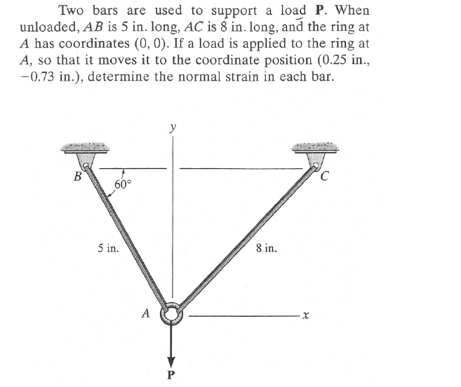 Two bars are used to support a load P. When
unloaded, AB is 5 in. long, AC is 8 in. long, and the ring at
A has coordinates (0, 0). If a load is applied to the ring at
A, so that it moves it to the coordinate position (0.25 in.,
-0.73 in.), determine the normal strain in each bar.
y
B
60°
5 in.
8 in.
A
