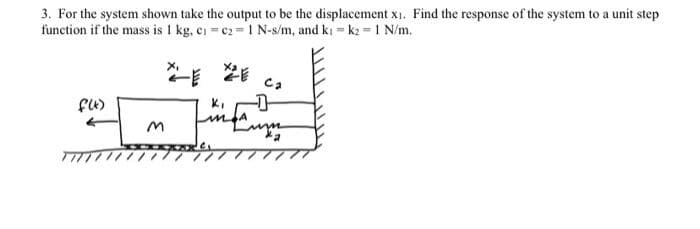 3. For the system shown take the output to be the displacement x1. Find the response of the system to a unit step
function if the mass is 1 kg, ci = c2 = 1 N-s/m, and ki = k2 =1 N/m.
%3D
E ca
