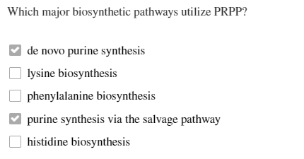 Which major biosynthetic pathways utilize PRPP?
de novo purine synthesis
lysine biosynthesis
phenylalanine biosynthesis
purine synthesis via the salvage pathway
histidine biosynthesis
