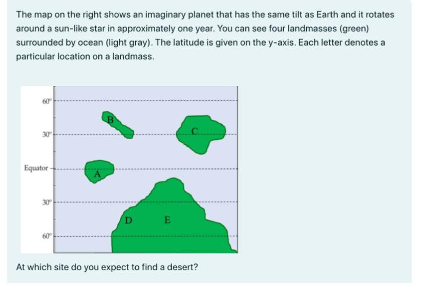 The map on the right shows an imaginary planet that has the same tilt as Earth and it rotates
around a sun-like star in approximately one year. You can see four landmasses (green)
surrounded by ocean (light gray). The latitude is given on the y-axis. Each letter denotes a
particular location on a landmass.
60°
Equator
30°
60°
D E
At which site do you expect to find a desert?