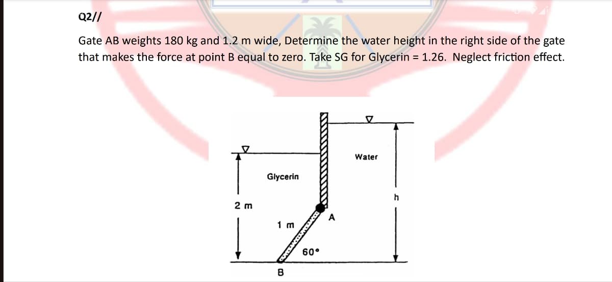 Q2//
Gate AB weights 180 kg and 1.2 m wide, Determine the water height in the right side of the gate
that makes the force at point B equal to zero. Take SG for Glycerin = 1.26. Neglect friction effect.
ㅍ
Water
Glycerin
병
2m
1m
60°
B
EMACK